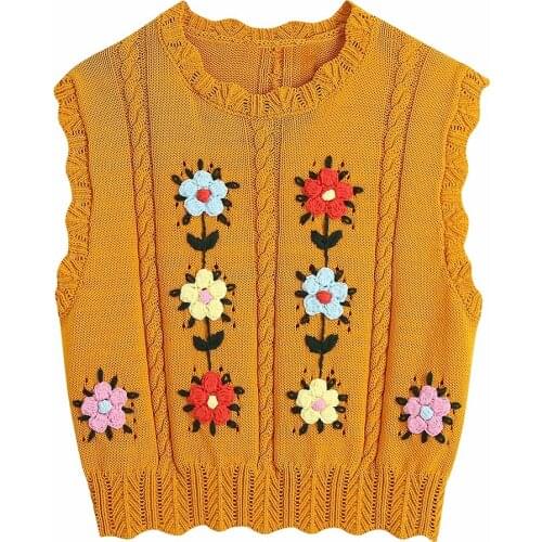 GypsyLady Flower Embroidery Sweater Vest Knitted Hollow Out Casual Chic Women Sweater Vest Outwear Hippie Y2K Ladies Female Top