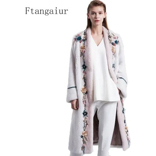 Fang Tai Fur 2019 Women Velvet Mink Fur Coat V-Neck Beading Genuine Leather Mink Coats For Womens X-Long Real Mink Fur Coats