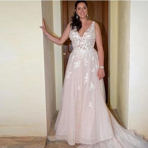 2019 Illusion Appliques A line Wedding Dress Sparkle Tulle V-neck Long Train Bridal Dress Vestido De Noiva Bridal Gowns Mariage