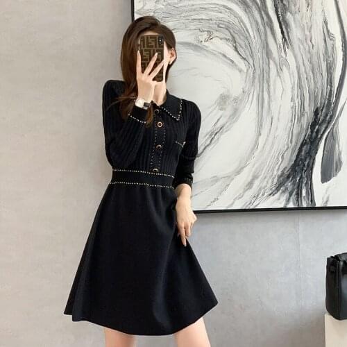 Black Knitted Dress Womens 2021 AutumnWinter New A-line Sweater Dress French Style Fashion Full Sleeve Warm Bottom Vestido
