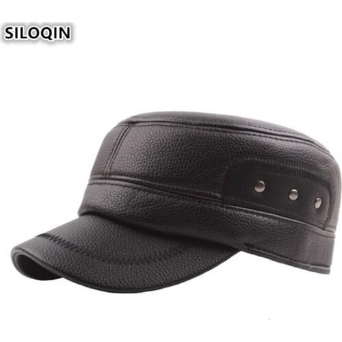 SILOQIN Winter Middle-aged Keep Warm Earmuffs Military Hats Quality PU Thicken Velvet Windproof Flat Cap Adjustable Size Dad Hat