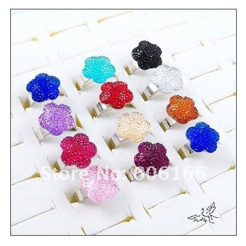 Wholesale 100pc Flower Shape Design Multicolor Resin Ring Size Resizable Alloy Rings Girls Costume Fashion Jewelry