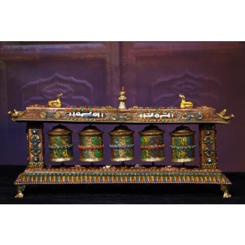 13"Tibet temple Old Bronze Tracing mosaic Filigree Gem Dzi Bead Prayer wheel Dharma Scripture inside Town House Exorcism