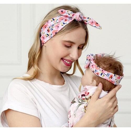 2Pcs/Set Cute Mom Baby Headbands Mother Baby Turban Mom Daughter Rabbit Ears Hairband Floral Print Parent-Child Hair Accessories