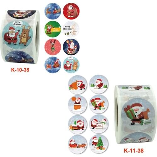 500pcs/1roll Cartoon Merry Christmas Santa Claus Label Cute Stickers Round Adhesive Paper Seal 38mm/1.5" Elk Rabbit Xmas Tree