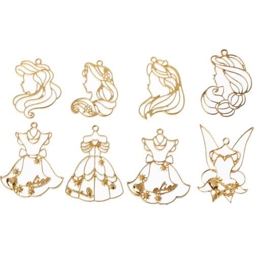 8Pcs Princess Skirts Metal Frame Pendant Gold Charm Bezel Setting Cabochon Setting UV Resin Charm