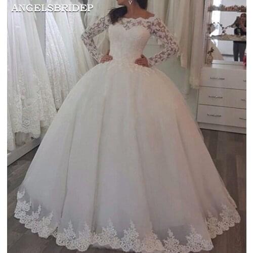 ANGELSBRIDEP Boat-Neck Ball Gown Wedding Dresses Long Sleeves Applique Tulle Vestido De Noiva Formal Saudi Arabia Bride Dresses