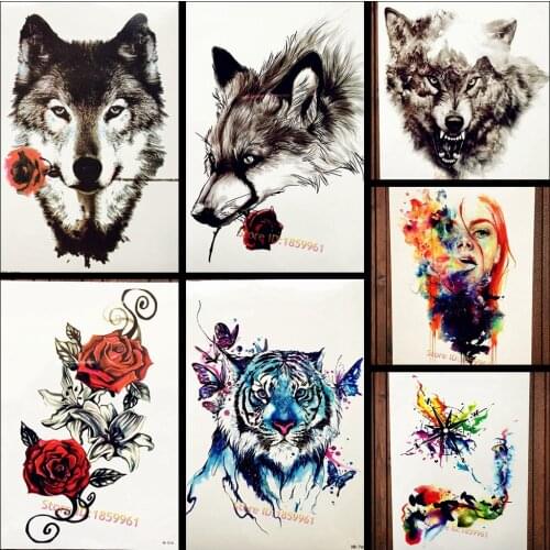 Black Sexy Wolf With Rose Temporary Tattoo For Women Makeup Body Art ARm Sleeve Fake Flash Waterproof Tattoo Stickers For Men