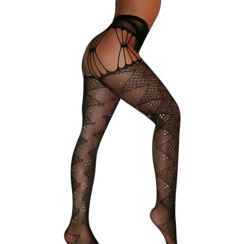 New Sexy Women Glitter Fishnet Tights Open Crotch Mesh Pantyhose Shiny Rhinestone Lady Tights Nylons Stockings Collant Femme