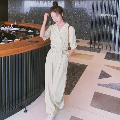 Suit Jumpsuit Women Fashion Elegant Korean Loose Double Breasted Short Sleeve Wide Leg One Piece Pants Apricot Overalls Summer
