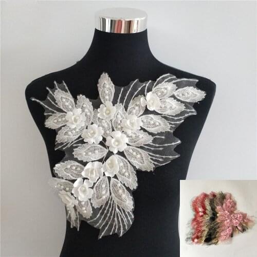 Multiple colour 3D flower application Laces collar DIY ABS pearl Lace fabric Embroidery craft materials Dress sewing accessories