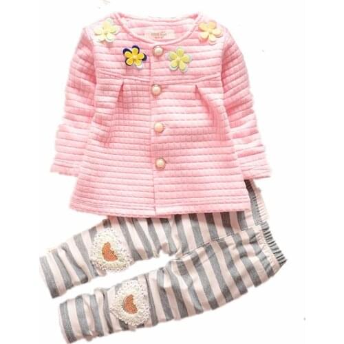 New Spring Baby Gril Clothes Cotton Flower Long Sleeved Jacket Coat Stripe Pants 2PCS/Sets Newborn Kids Striped Tracksuits Suits