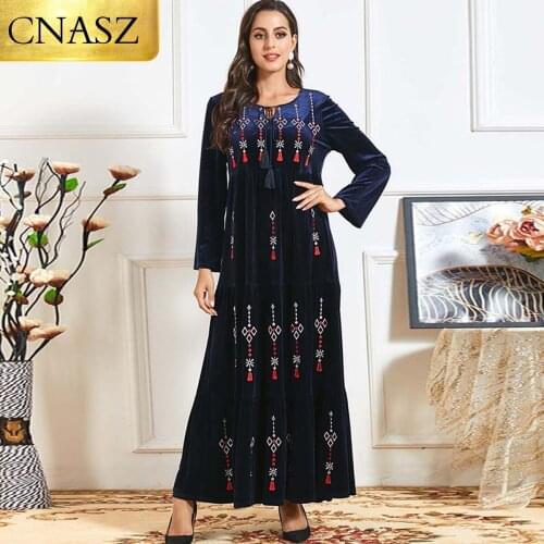 Latest Large Size Fashion Autumn Ethnic Embroidery Solid Color Thick Gold Velvet Long-Sleeved Stitching Casual Large Swing Dress