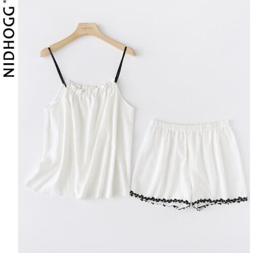 2021 New Cotton Black Edge Sling Pyjamas Women Sleeveless Spaghetti Strap Shorts Sweet Home Clothes Two Piece Pajamas Set