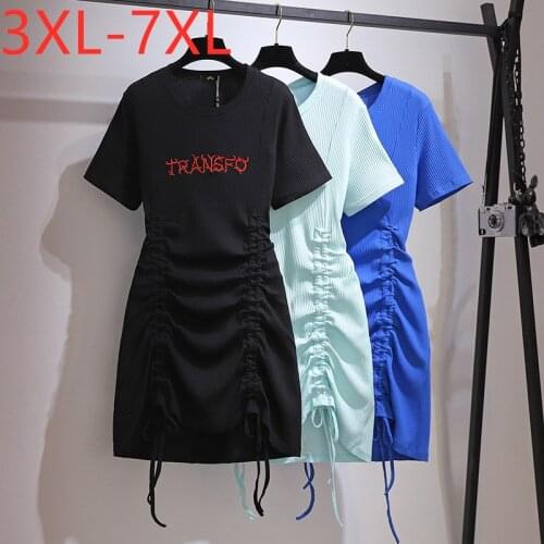 New 2021 Ladies Summer Plus Size Midi Dress For Women Large Short Sleeve Slim Blue Drawstring Cotton Dress 3XL 4XL 5XL 6XL 7XL
