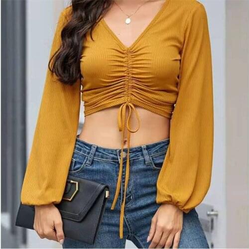 021 summer new tops beautiful women short T-shirt women V-neck long-sleeved t-shirt women