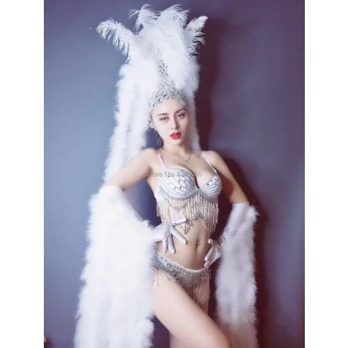 Sexy White Feathers Gloves Headdress Sparkly Crystals Bikini Set Nightclub Female Party Models Catwalk Stage Outfit DJ Costume