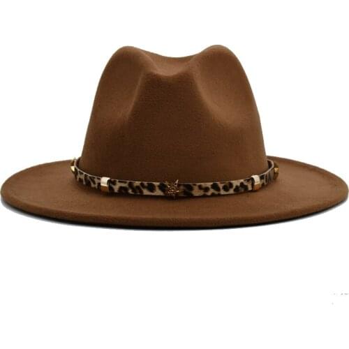 New Fashion Women Fedoras Hat Men Vintage Large Brim Jazz Hats Spring Khaki Leopard Decorative Belt Casual Hat F3
