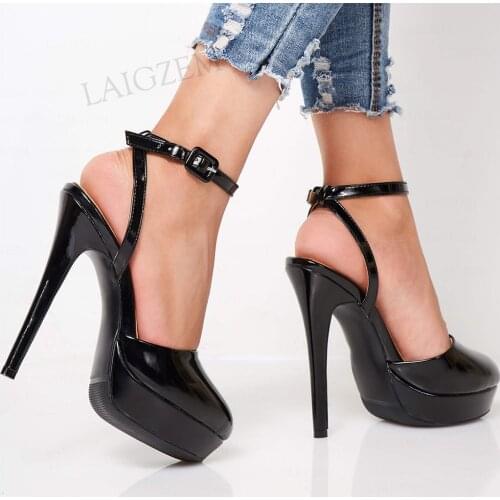 BERZIMER Women Platform Heels Shiny Black Faux Leather Round Toe Stiletto Dress Zapatos Ladies Shoes Woman Large Size 41 44 47