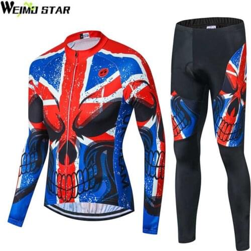 Weimostar Men Cycling Jersey Skull Long Sleeve Ropa Ciclismo MTB Bib Pants set Spring/Autumn Cycling Clothing Sportswear