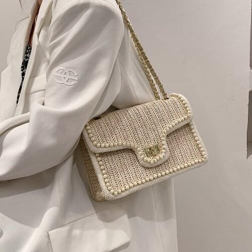 Pearls Beach Bag Women 2021 Summer New Elegant Woven Beaded Straw Bag Female Bohemia Knitted Large Tote Handbag Vacation Casual
