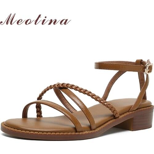 Meotina Shoes Women Genuine Leather Sandals Flat Narrow Band Sandals Ankle Strap Buckle Summer Shoes Square Toe Lady Sandals 40