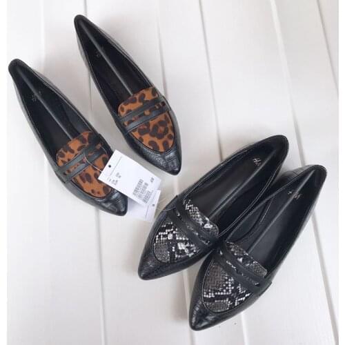 Ladies With Pointed Single Shoes, Leopard Print Autumn Style, Black Shallow Flat Bottom Ladle Shoes, Snake Print Soft Sole