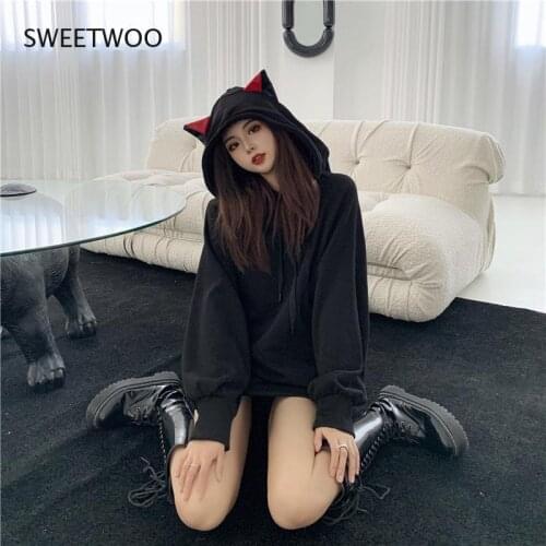 2021 Spring and Autumn Sweater Jacket Womens Hooded Cat Ears Cute Kawaii Plus Velvet Thick Loose Pullover Sweater Women