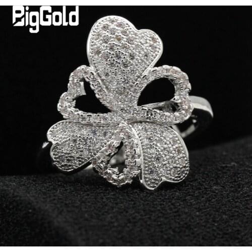 2020 New Women Flower Ring with AAA Cubic Zirconia Plated with Rhodium Four Leaf Clover Lucky Finger Ring Anniversary Jewelry