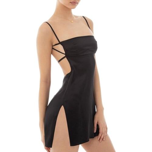 Combhasaki Womens Bodycon Mini Silk Dress Sexy Spaghetti Strap Criss Cross Backless Solid Color Cami Party Club Slit Dresses
