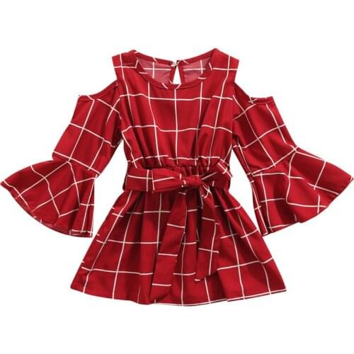 2-7 Years Girls Casual Dress With Waistband Wine Red Fuchsia Flared Sleeve High Waist Dress For Girls Off Shoulder Summer Dress