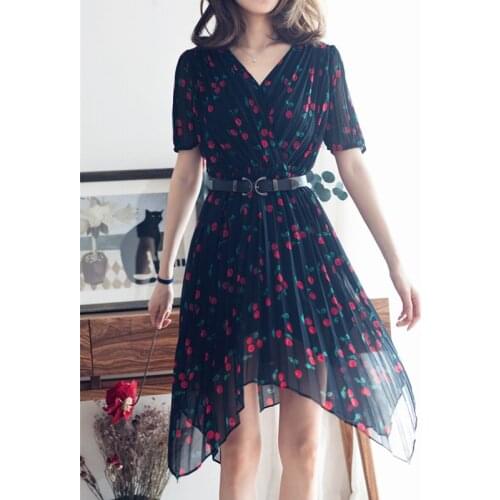 2020 summer dress cherry print ruffled deep v-neck sexy short-sleeved asymmetric mini party dress vestidos de fiesta de noche