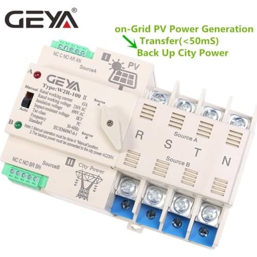 GEYA Grid PV System Power Transfer to City Power Dual Power Automatic Transfer Switch Din Rail 4P 63A 100A AC220V ATS 110V