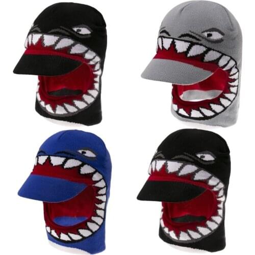 Kids Winter Knitted Windproof Beanie Hat with Visor Cartoon Shark Scarf Hood Cap