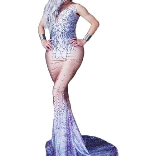Purple Rhinestones Floor-Length Long Trailing Mermaid Dresses Sleeveless Pattern Printing Party Dress Women Performance Suit