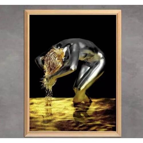 Hot Sale Golden Liquid Black Nude Woman Wash Hair Diamond Painting Wall Art Posters Picture for Living Room Embroidery Mosaic