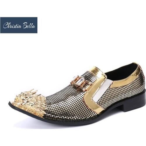 Christia Bella Italian Crystal Sequins Men Party Shoes Fashion Gold Pointed Toe Wedding Dress Shoes Male Business Leather Shoes