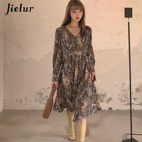 Jielur New Vintage Elegant Palace Style Womens Dress V-neck Vestidos Hollow Out Backless Sexy Ladies Print Dresses for Woman