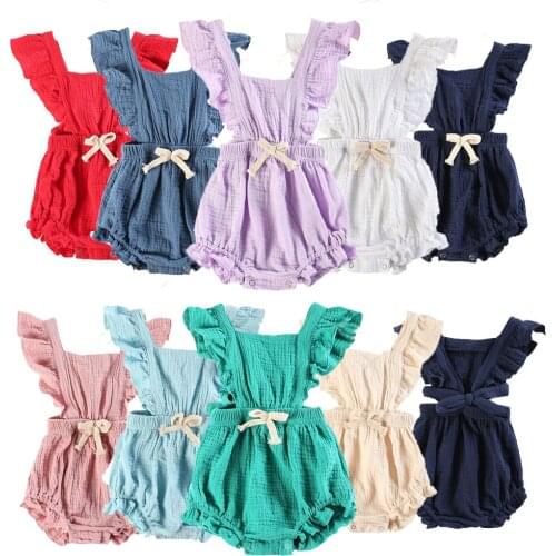 Baby Girls Rompers Organic Cotton Ruffled Jumpsuit Sleeveless with bow Kids Clothes 0-24m