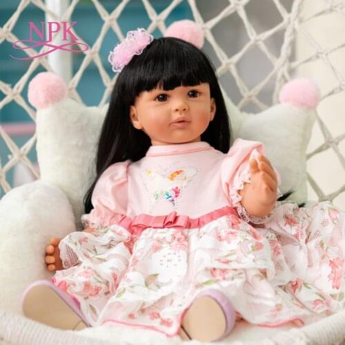 NPK 60CM Hand made brown tan skin doll bebe doll Boneca Reborn toddler baby girl doll Soft Silicone cloth body Lifelike