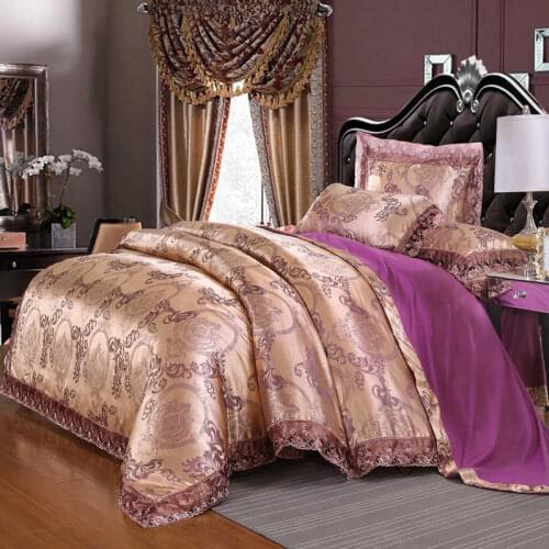Liv-Esthete Luxury Satin Jacquard European Bedding Set Lace Side Duvet Cover Purple Flat Sheet Queen King Bed Linen For Adult