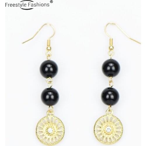 Fashion classic black acrylic ball fairy round zinc alloy drop earrings for women