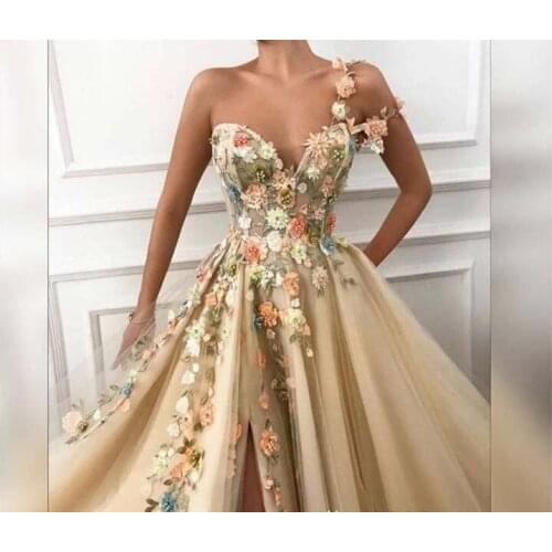 Fashion Champagne One Shoulder Lace 3D-Flowers High Slit Thigh Sleeveless Prom Dresses