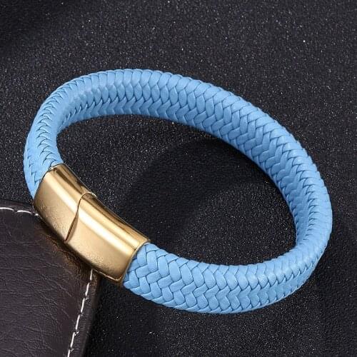 Fashion Light Blue Braided Leather Bracelet Men Jewelry Gold Magnetic Buckle Charm Bangles New Male Wristband Gifts S0223
