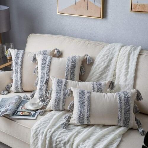 Tassel Cotton Linen Cushion Cover 45x45cm/30x50cm Beige Pillow Covers Decorative for Living Room Bedroom Pillowcases