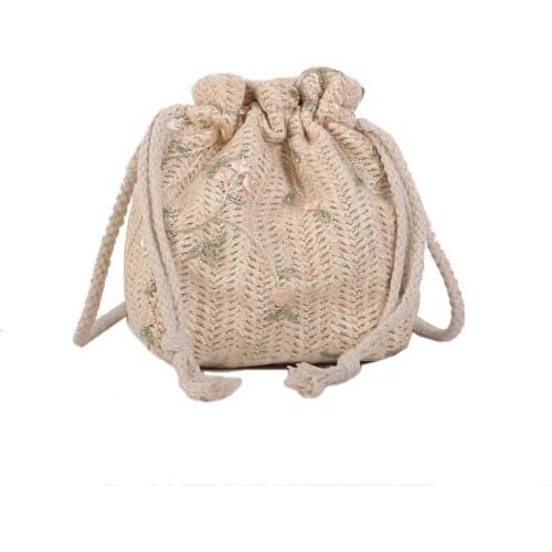 Newhotstacy Bag 07182021 Ladies Woven bag lace drawstring bucket bag single shoulder straddle straw bag