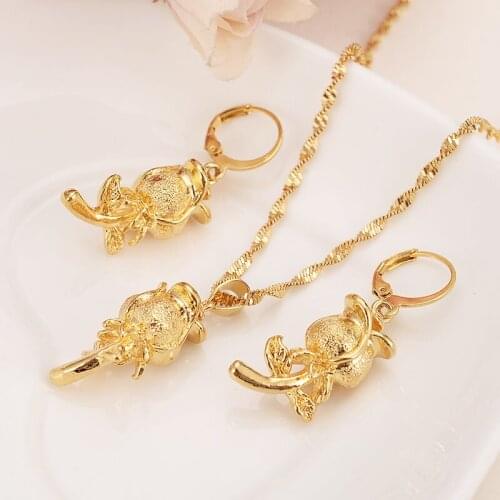 New 18 k solid fine G/F gold flower rose Bridal Jewelry Set Women pendant Earrings girls charm party gift