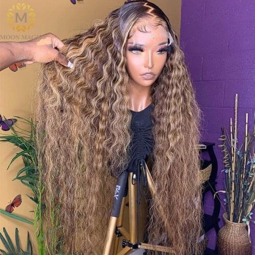 Curly Human Hair Wig Highlight Honey Blonde Lace Front Wigs Deep Wave Frontal Wig Natural Hair Transparent Lace Frontal Wig