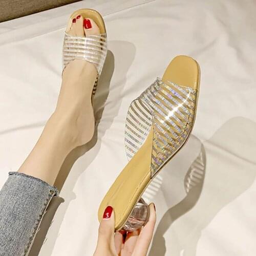 Sexy crystal plaform high heels shoes woman PVC summer slippers ladies fashion square toe jelly slippers woman beach shoes