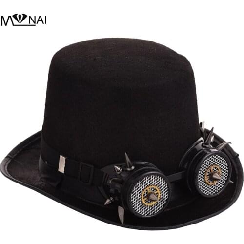 Retro Vintage Women/Men Fedora Gothic Punk Style Top Hat Grid Glasses Spikes Rivet Goggles Hat Cosplay Party Accessories